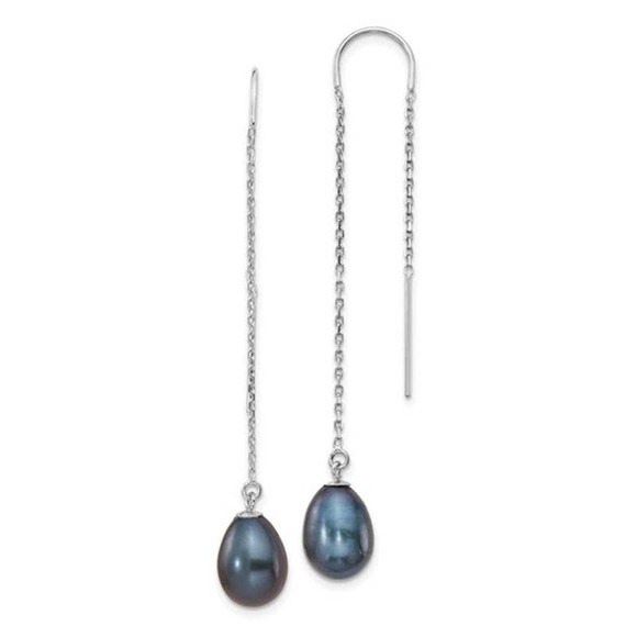 Solid 14K White Gold Black Teardrop Pearl Theader Earrings